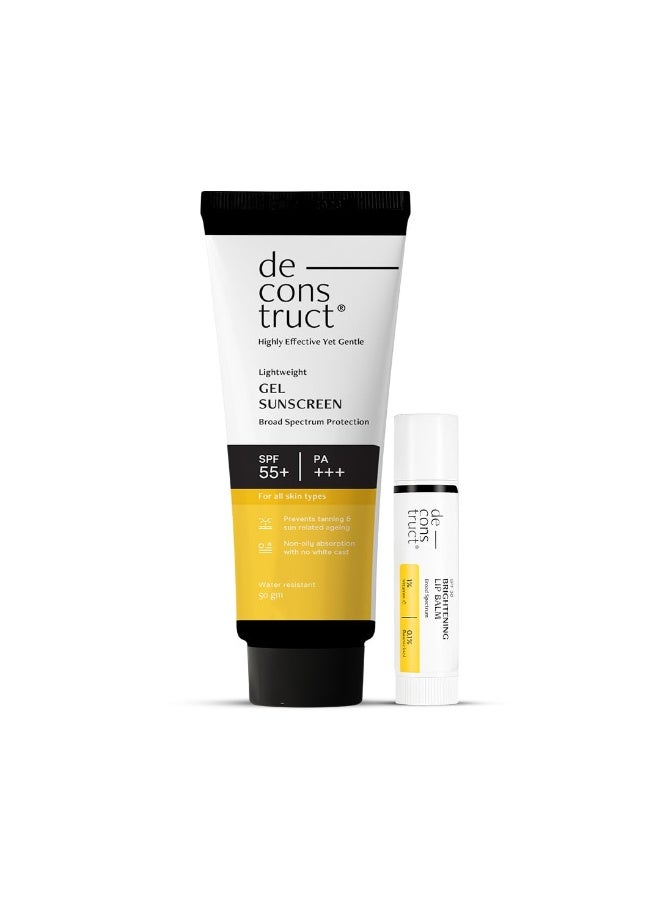 Deconstruct Glow Guard Duo | Brightening Lip Balm (4g) + Gel Sunscreen (50 g) | Lip Balm- For Dark, Pigmented, Dry, Flaky Lips | Brightens Pigmented Lips |Sunscreen- SPF 50+ Gel based sunscreen for all skin types | Pack of 2 - Image 1